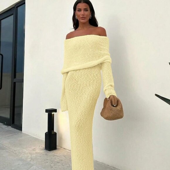 Light Yellow Elegant Women's Sexy Beach Vacation Off shoulder maxi Dress - Picture 5 of 10